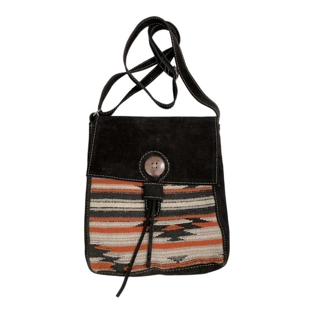 Suede leatherCoconut shells Black, Tan and Orange Aztec Ecuador Crossbody Purse